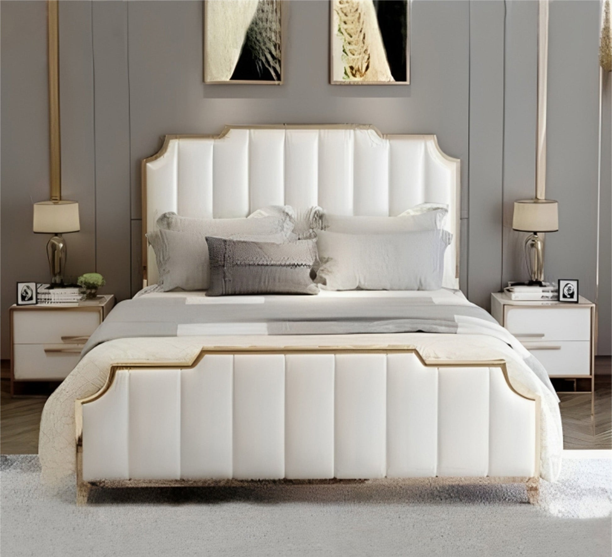 Pearly white bed with split lengthwise upholstery - Vitrine Furniture - Furniture