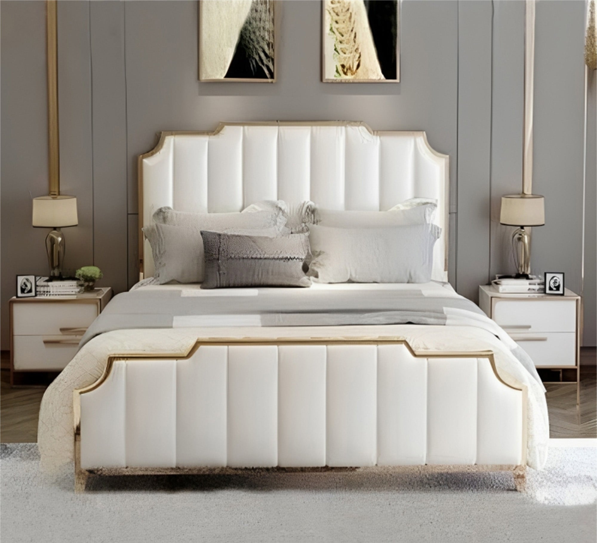 Pearly white bed with split lengthwise upholstery - Vitrine Furniture - Furniture