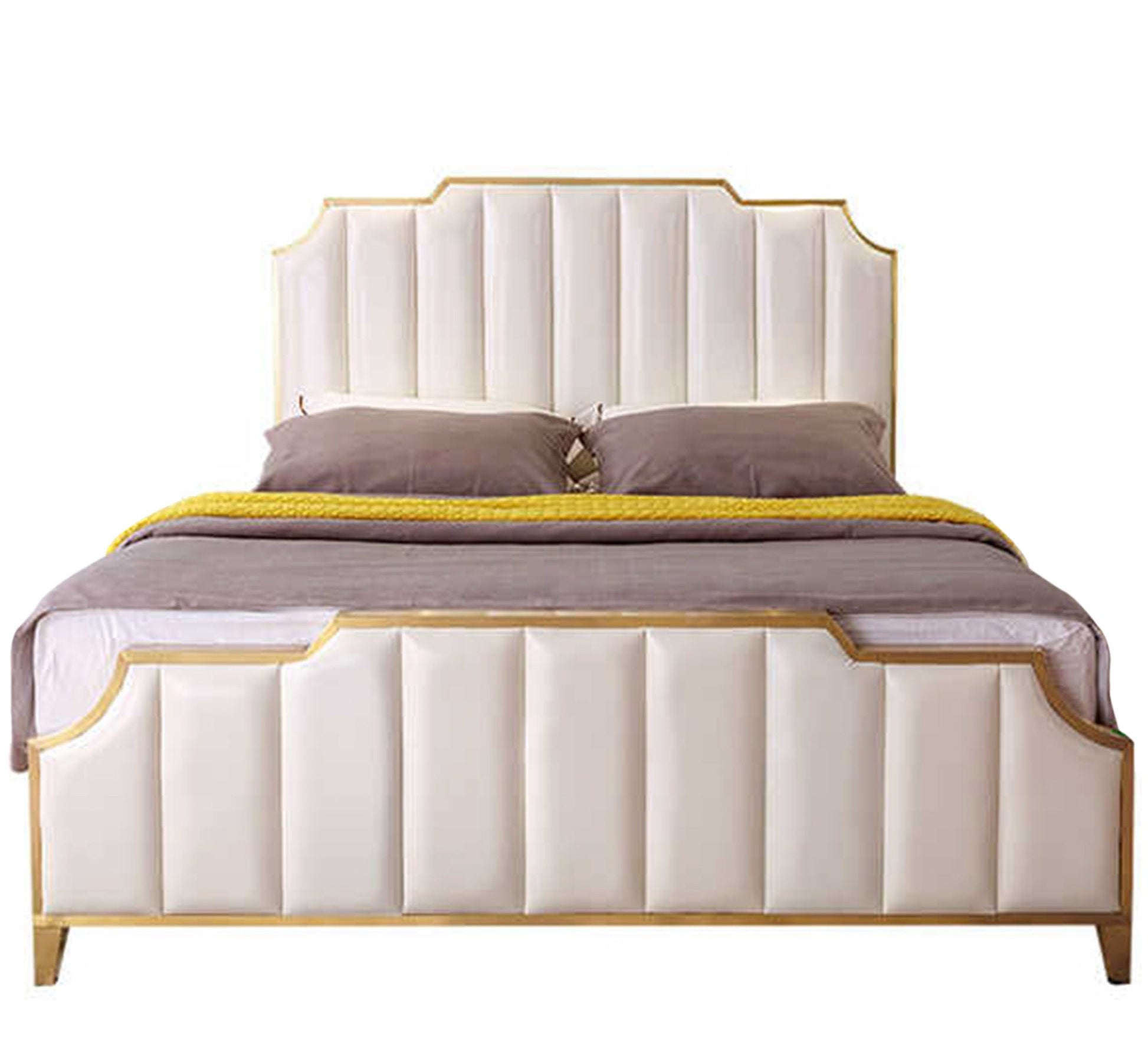 Pearly white bed with split lengthwise upholstery - Vitrine Furniture - Furniture