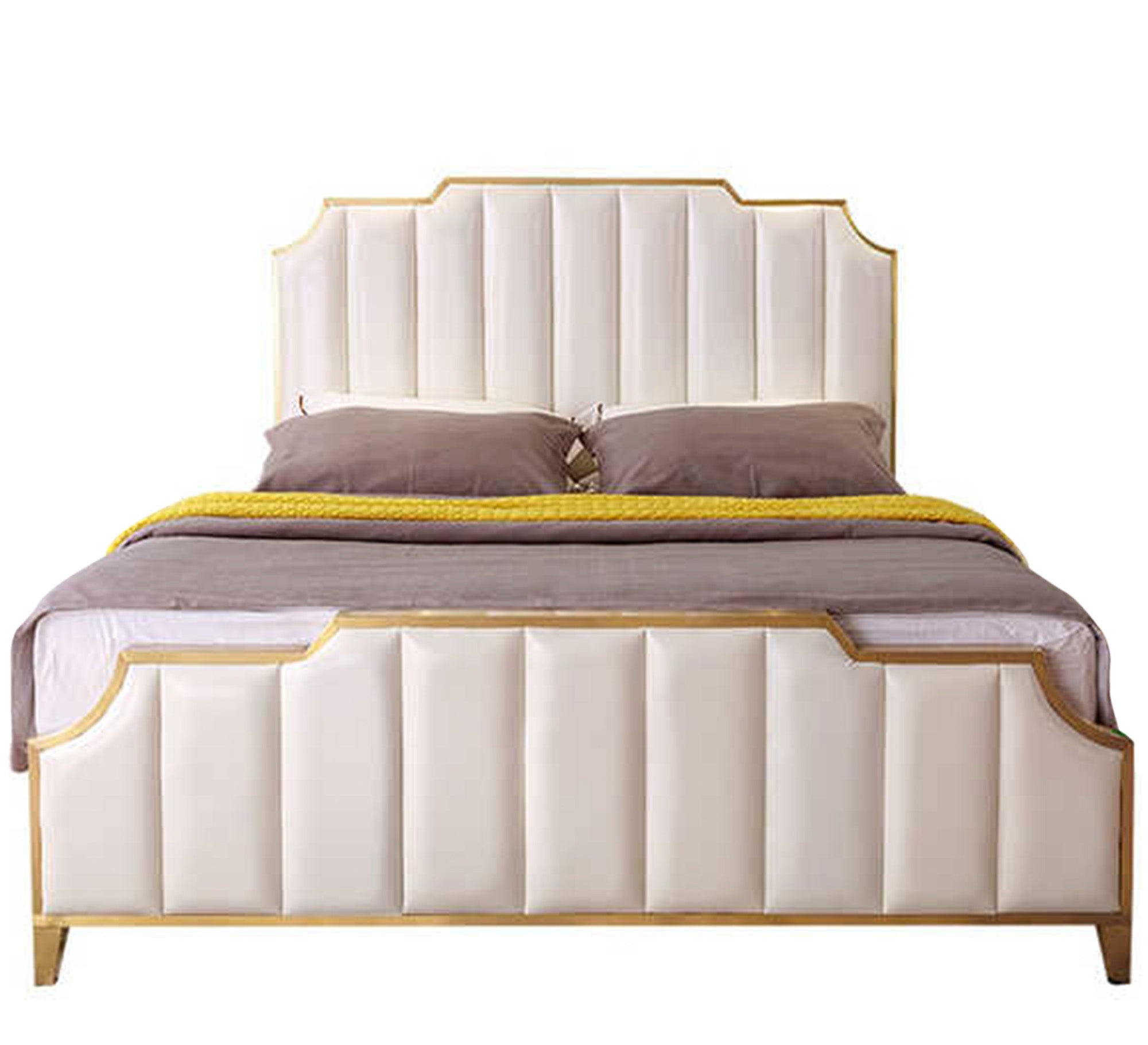 Pearly white bed with split lengthwise upholstery - Vitrine Furniture - Furniture