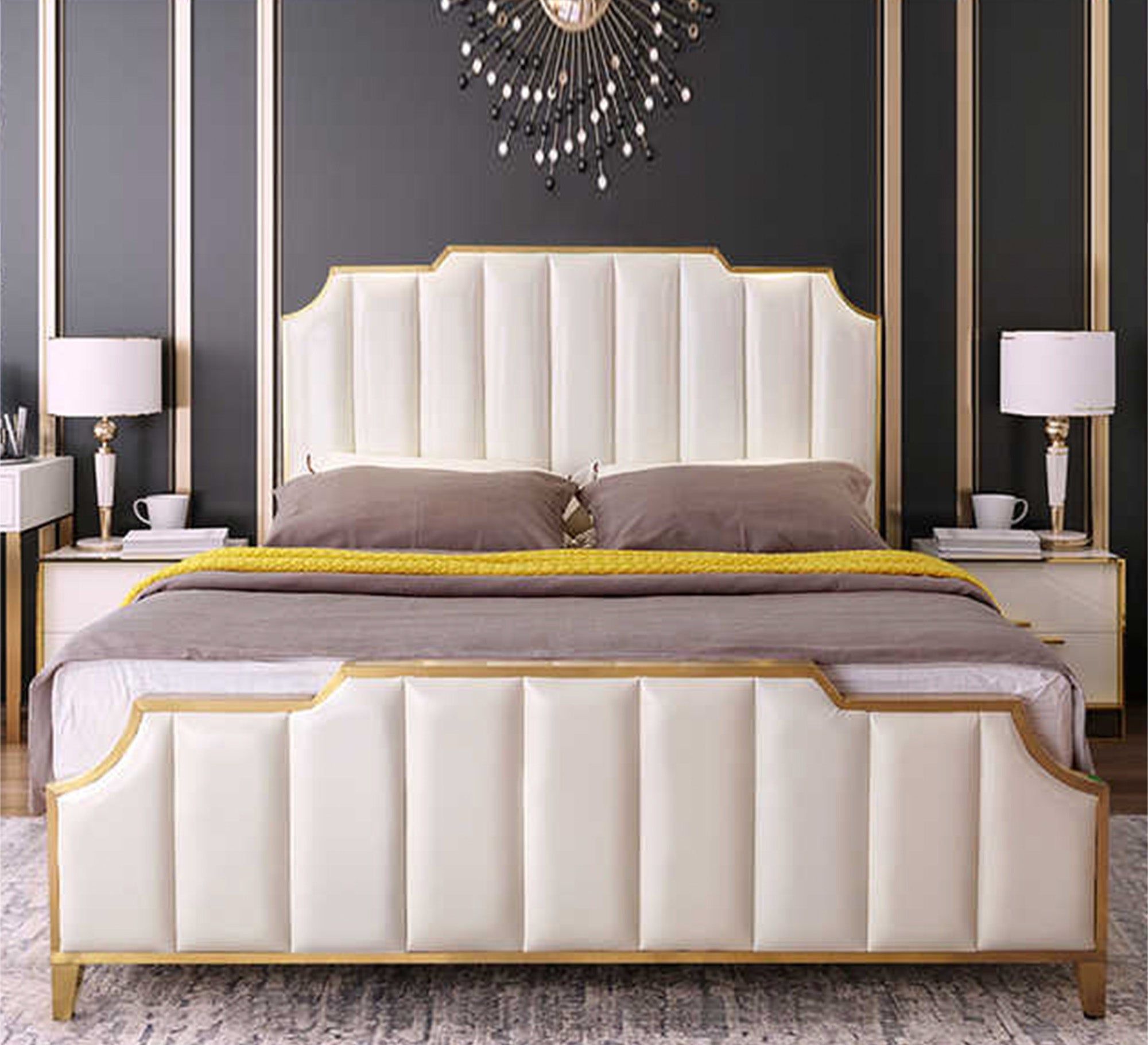 Pearly white bed with split lengthwise upholstery - Vitrine Furniture - Furniture