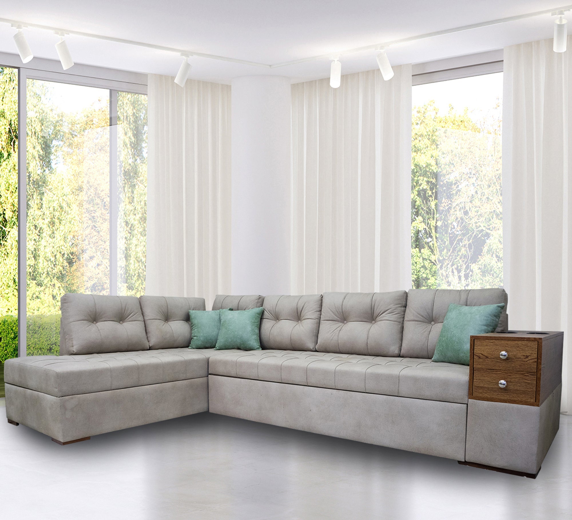 Practical Living: Grey Corner with Stylish Slatted Handles - Vitrine Furniture - L - shape sofa set