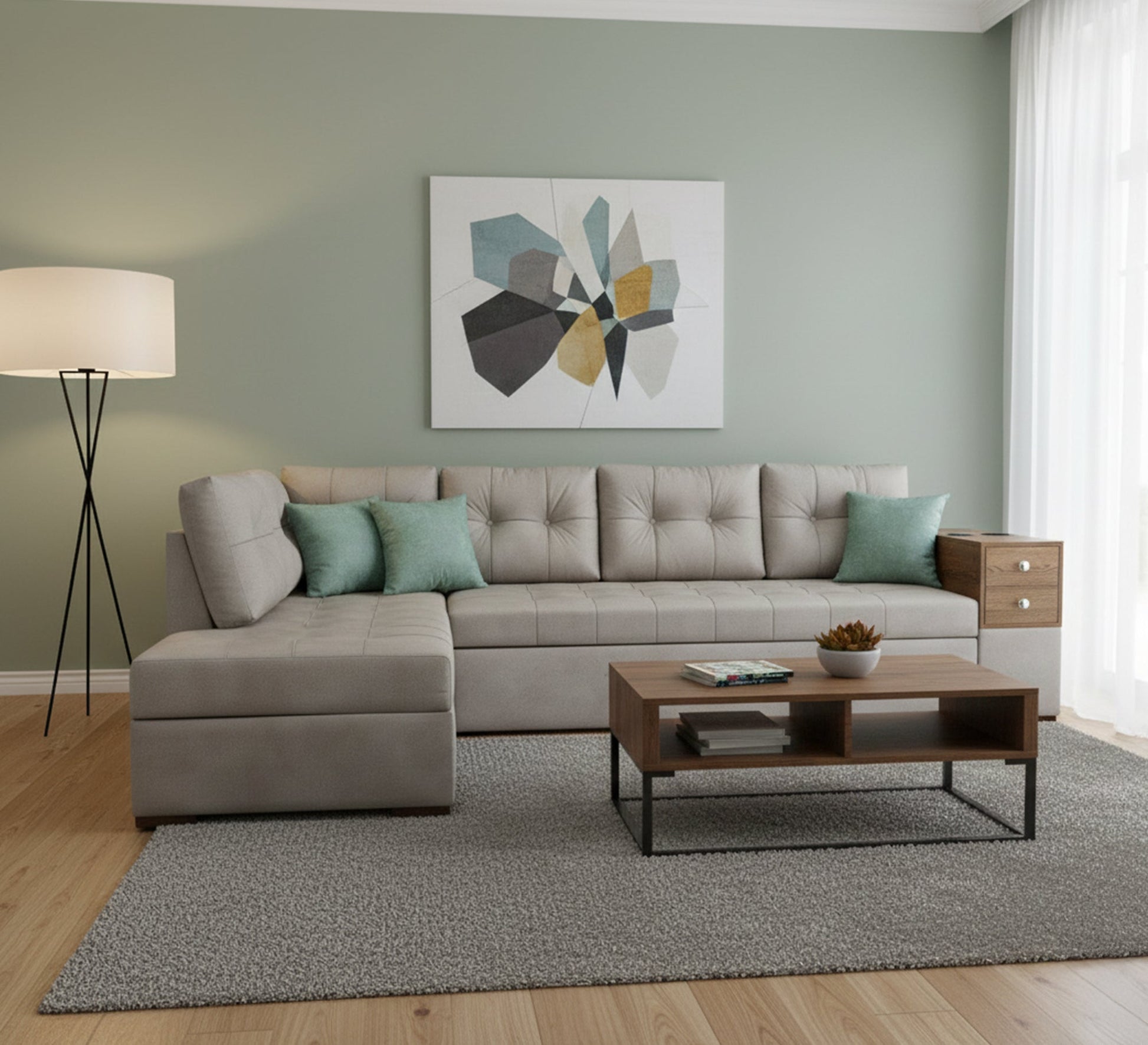 Practical Living: Grey Corner with Stylish Slatted Handles - Vitrine Furniture - L - shape sofa set