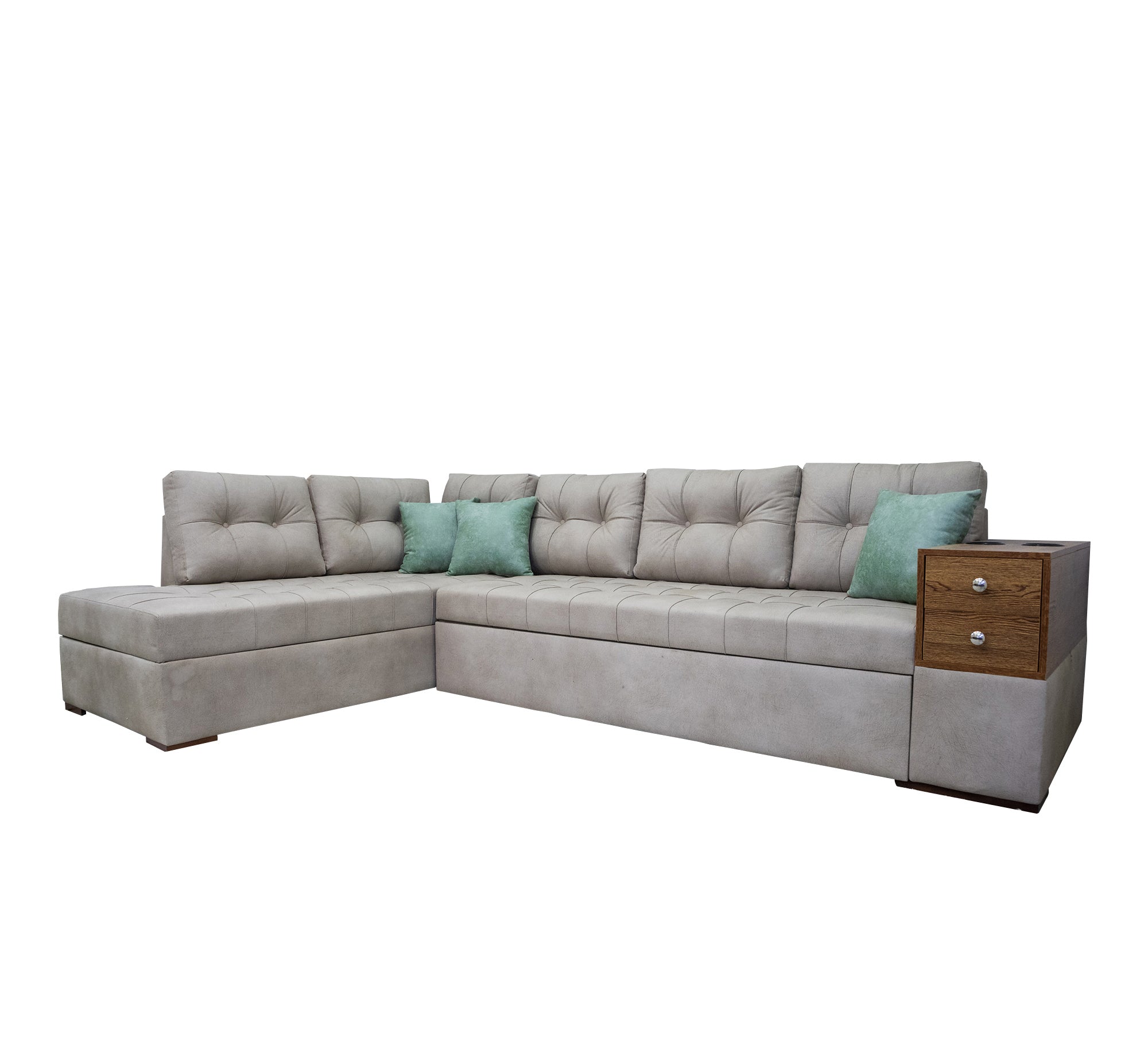 Practical Living: Grey Corner with Stylish Slatted Handles - Vitrine Furniture - L - shape sofa set