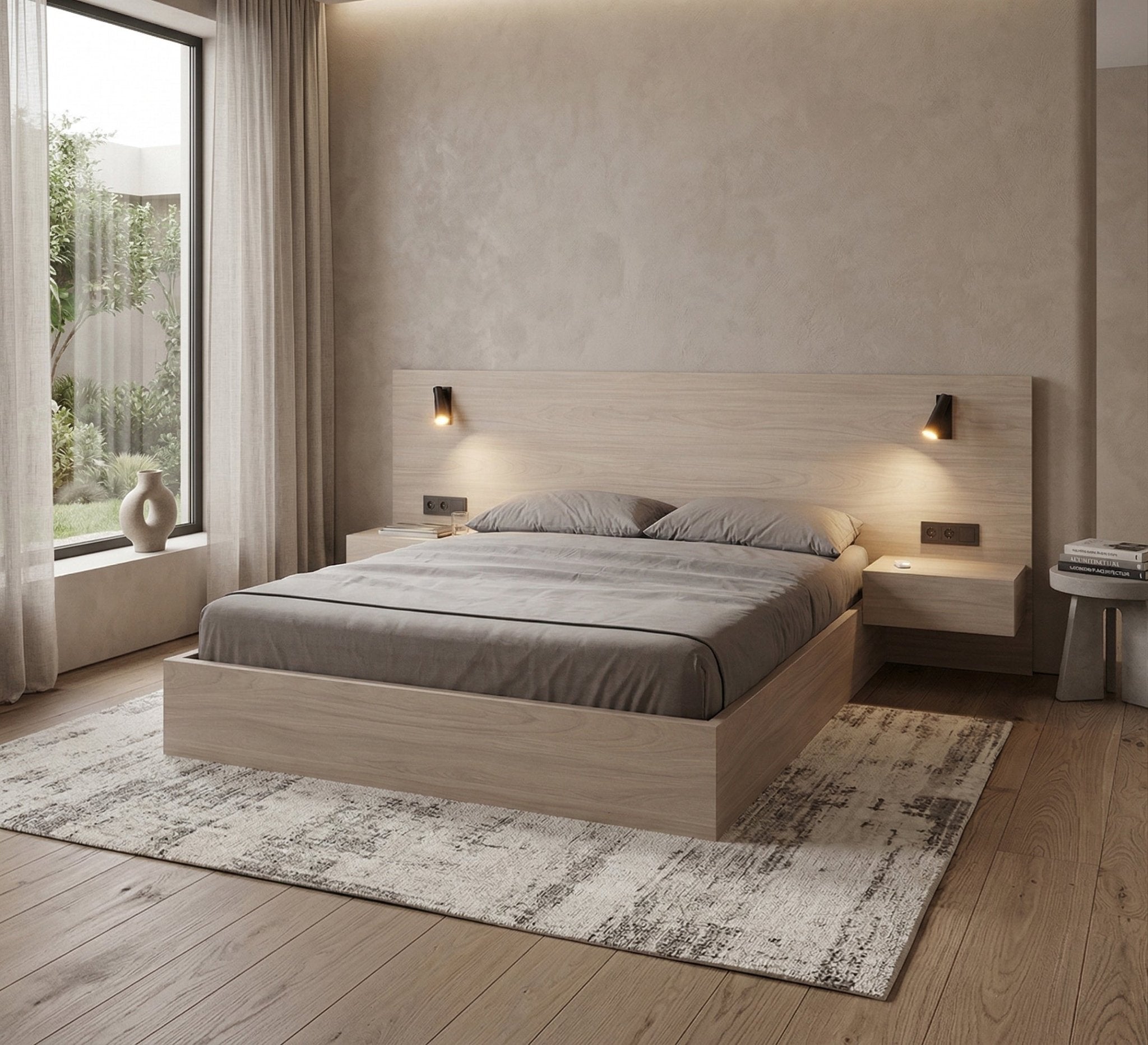 Queen Bed connected with 2 chests of drawers - Vitrine Furniture - Beds