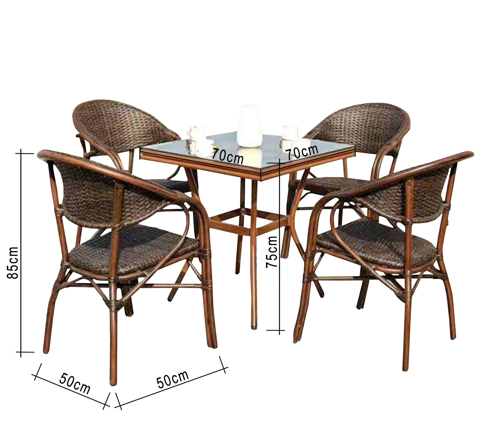 Rattan dining room with a square table with a glass top - Vitrine Furniture - Outdoor Products