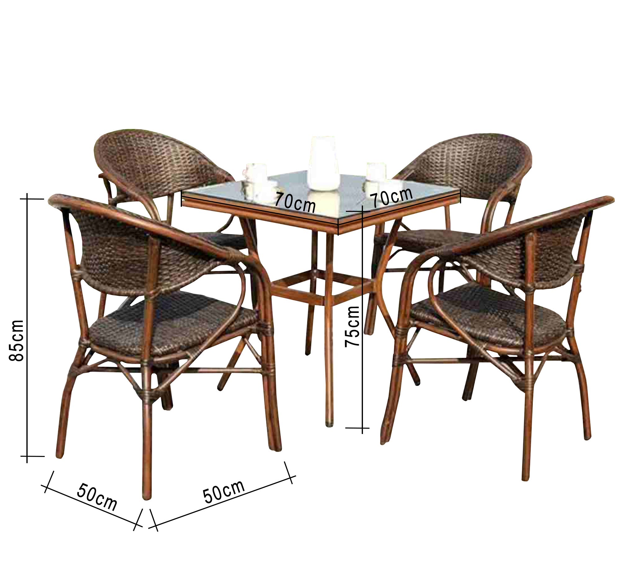 Rattan dining room with a square table with a glass top - Vitrine Furniture - Outdoor Products