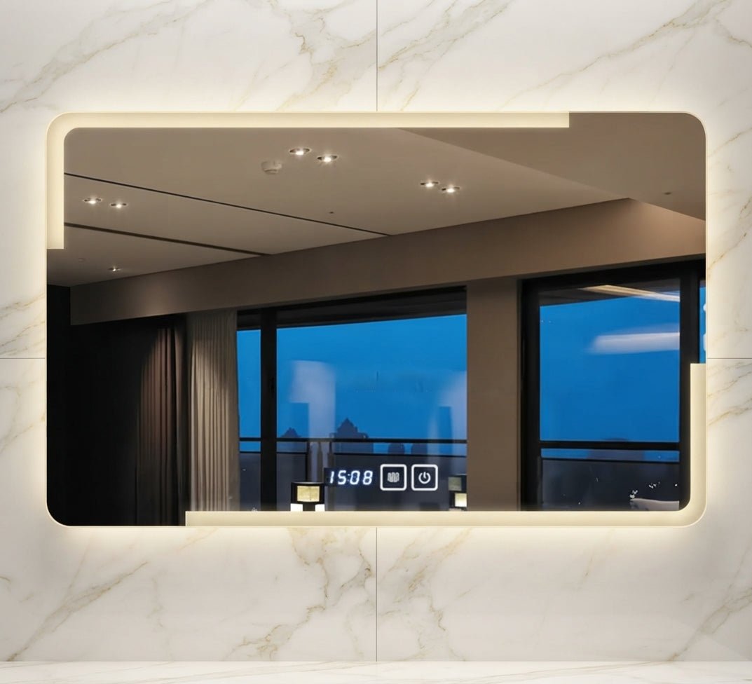 Rectangular LED Mirror with Side Lighting and Clock - Vitrine Furniture - Mirrors