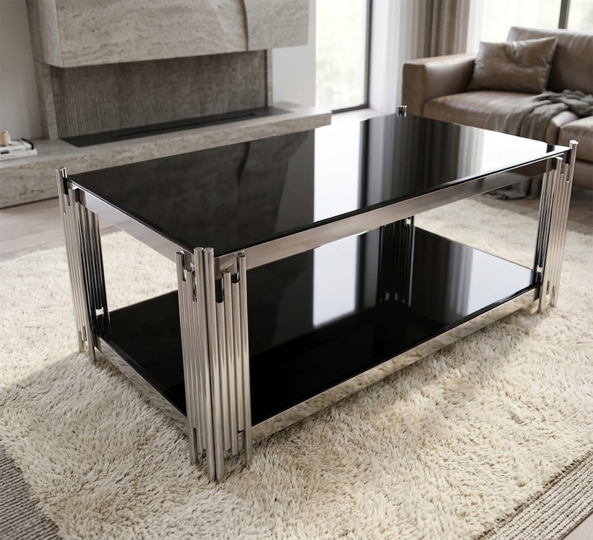 Rectangular steel table with black glass - Vitrine Furniture - Coffee Tables