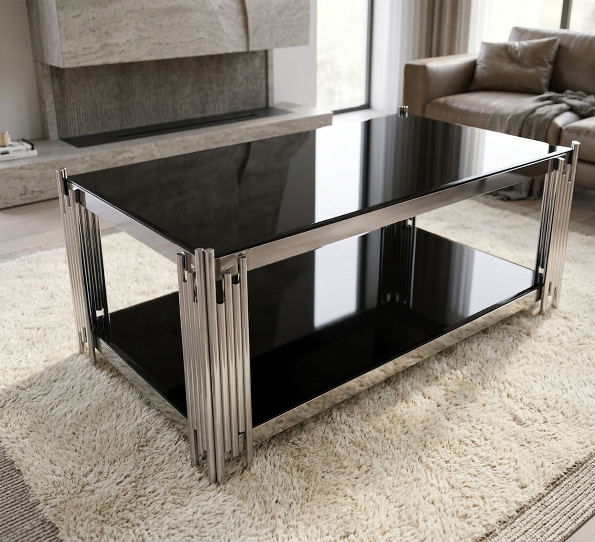 Rectangular steel table with black glass - Vitrine Furniture - Coffee Tables