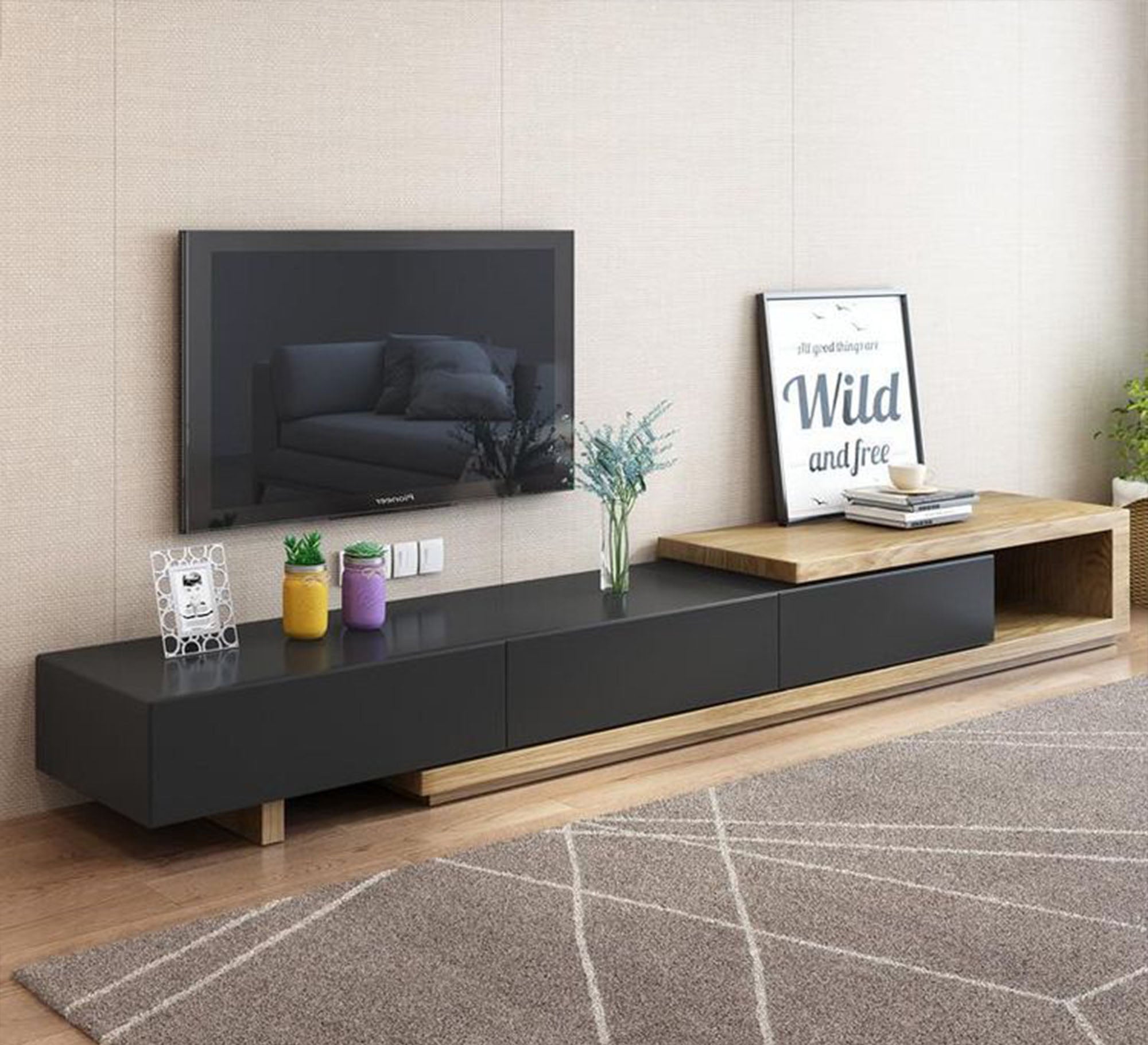 Rectangular TV table, beige and black - Vitrine Furniture - Furniture