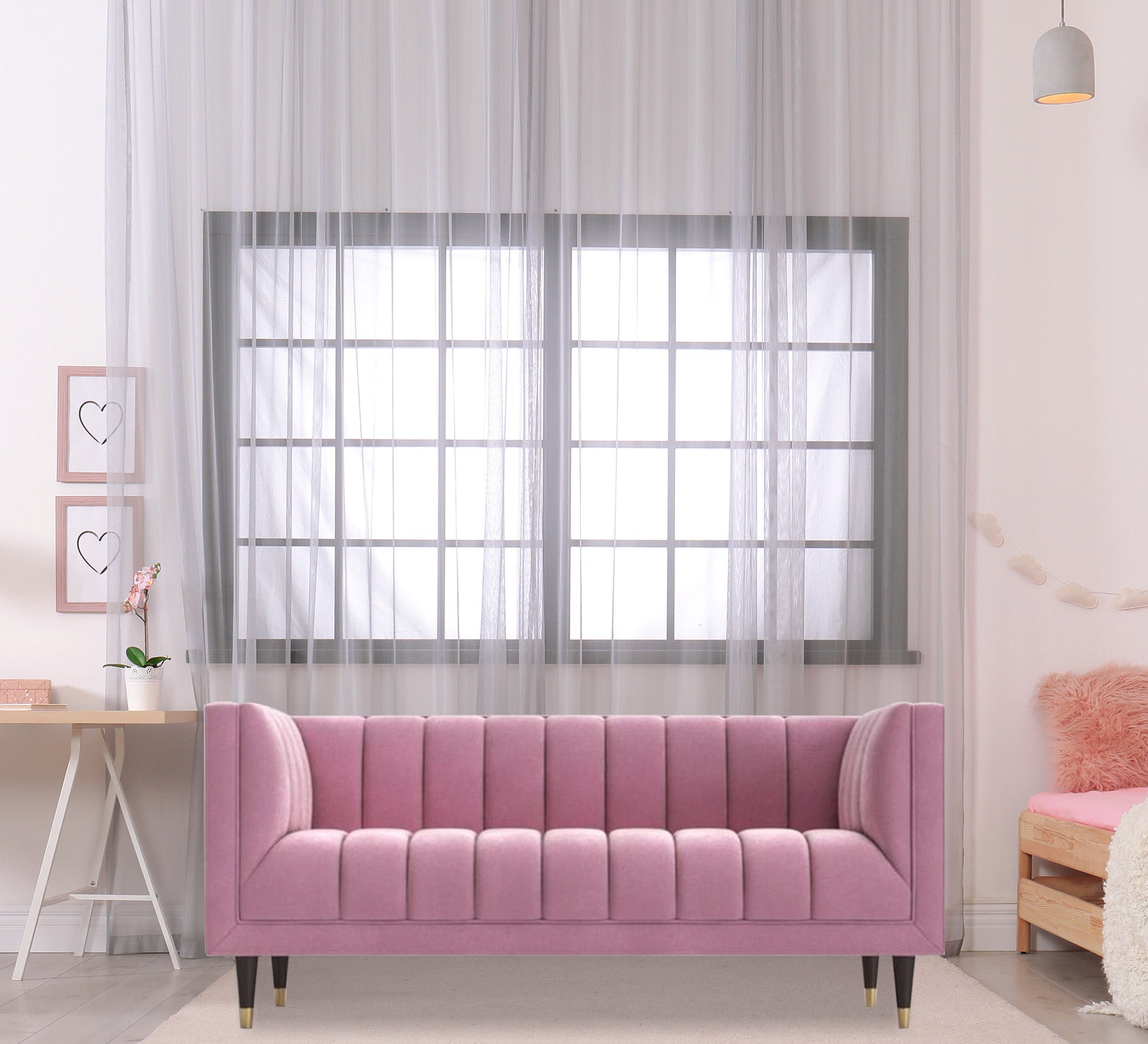Rose color sofa with recessed lines on the back and base - Vitrine Furniture - Living room Sofas