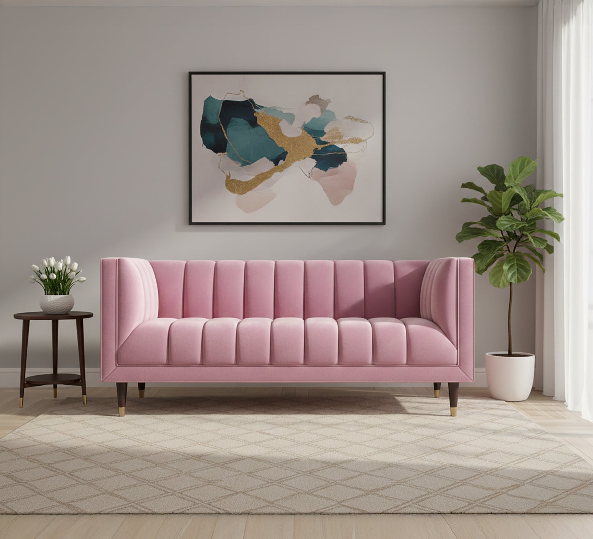 Rose color sofa with recessed lines on the back and base - Vitrine Furniture - Living room Sofas