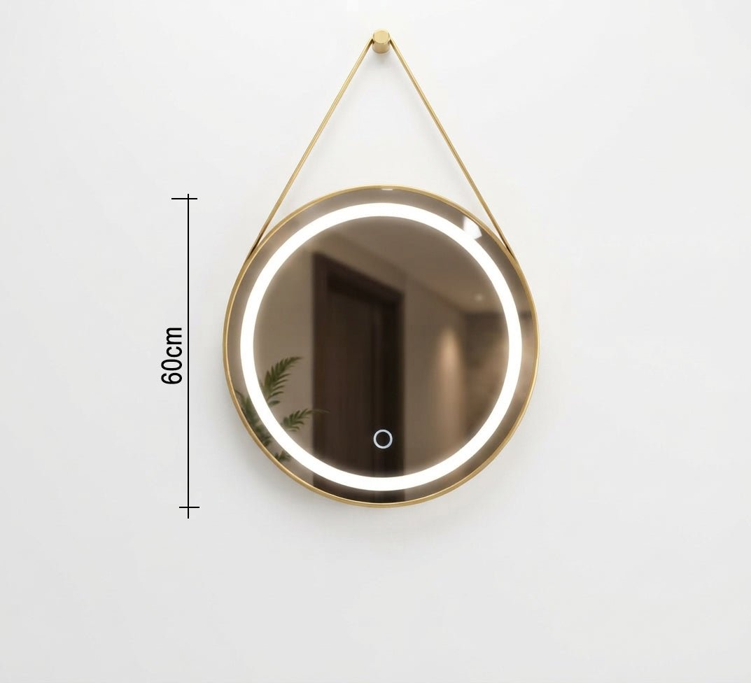 Round gold illuminated mirror with a hanging strap - Vitrine Furniture - Mirrors