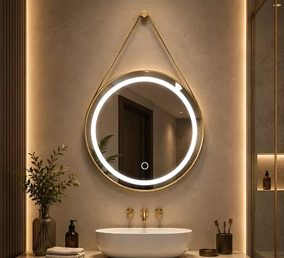 Round gold illuminated mirror with a hanging strap - Vitrine Furniture - Mirrors