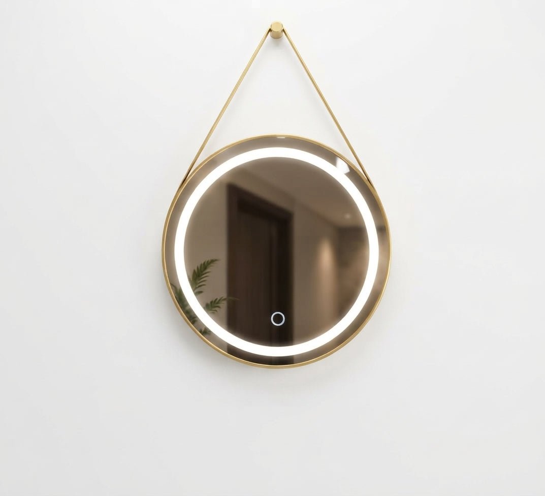 Round gold illuminated mirror with a hanging strap - Vitrine Furniture - Mirrors