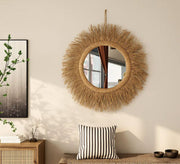 Round mirror with a bohemian straw frame - Vitrine Furniture - Mirrors