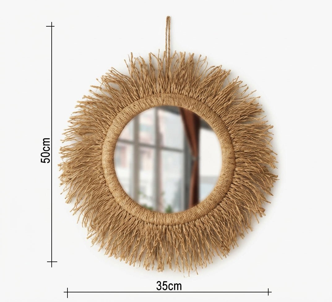 Round mirror with a bohemian straw frame - Vitrine Furniture - Mirrors