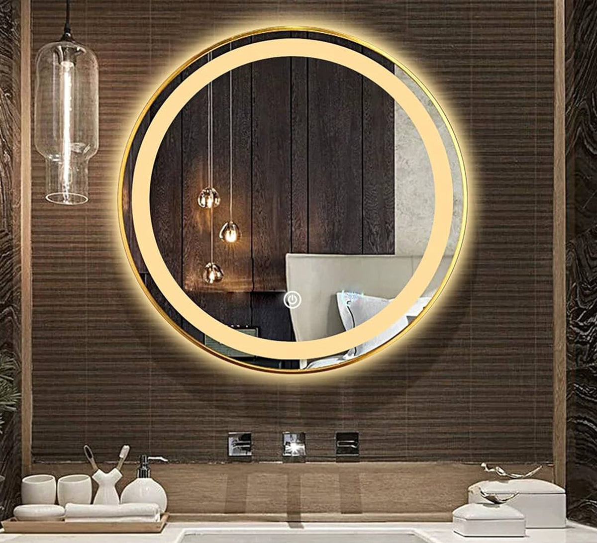 Round mirror with a gold frame and light rings - Vitrine Furniture - Mirrors