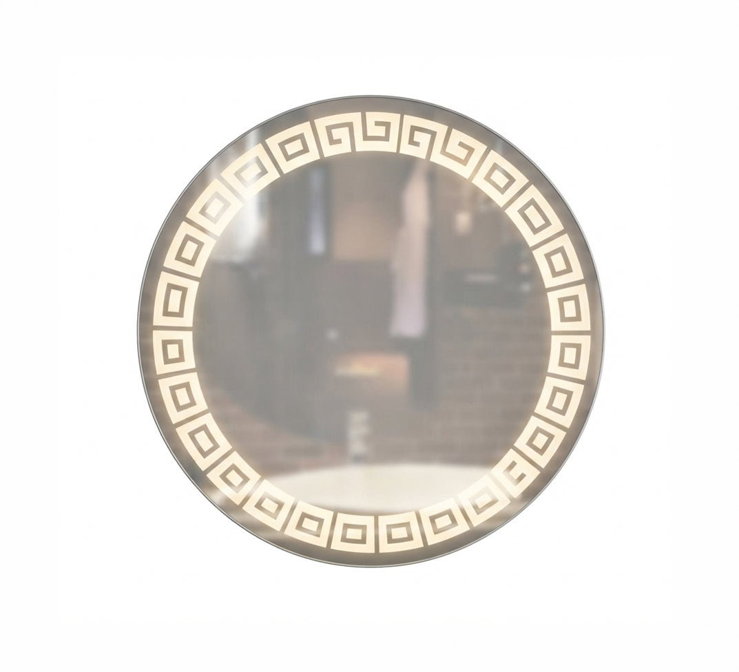 Round mirror with a Greek key pattern and warm lighting - Vitrine Furniture - Mirrors