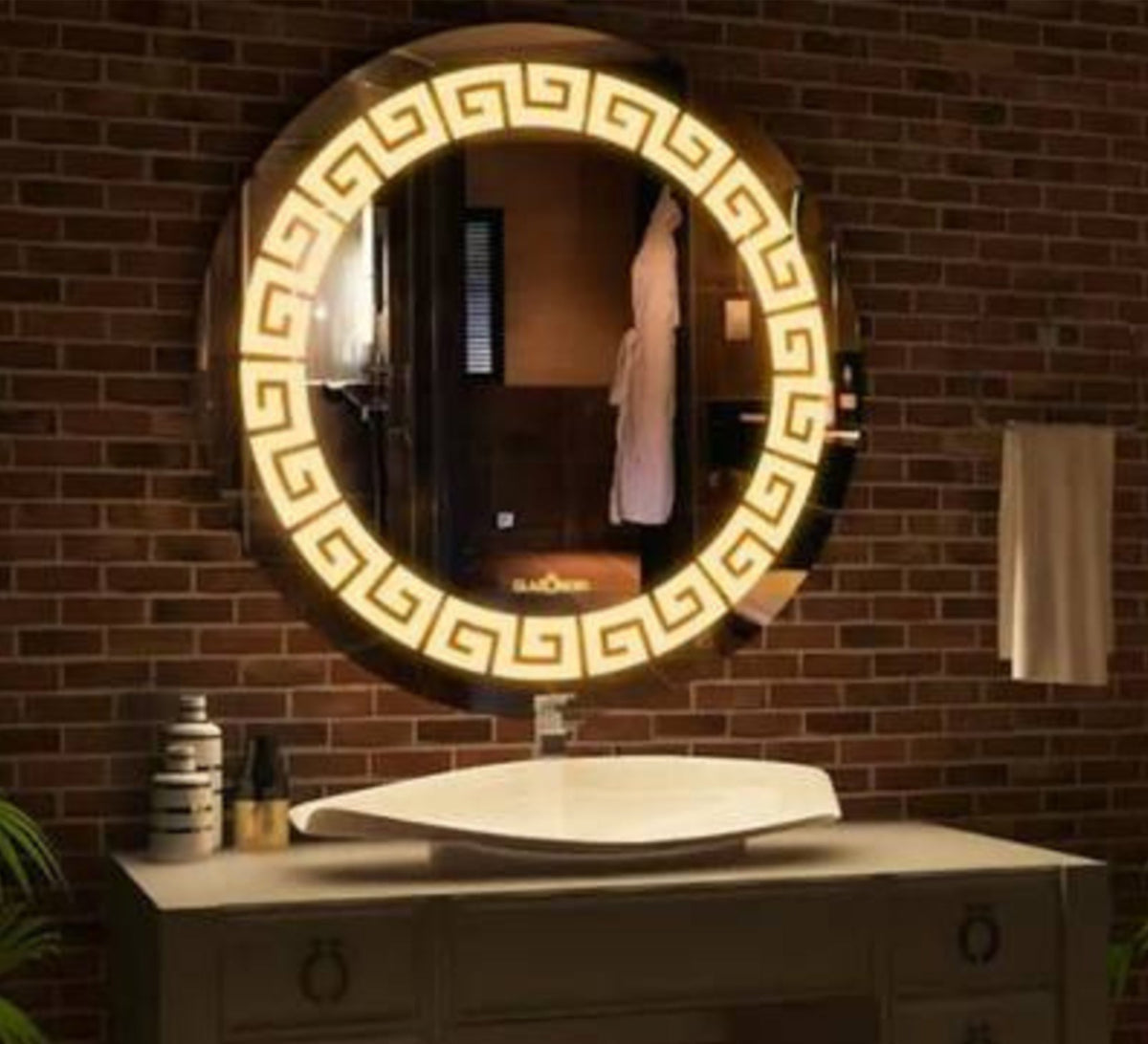 Round mirror with a Greek key pattern and warm lighting - Vitrine Furniture - Mirrors