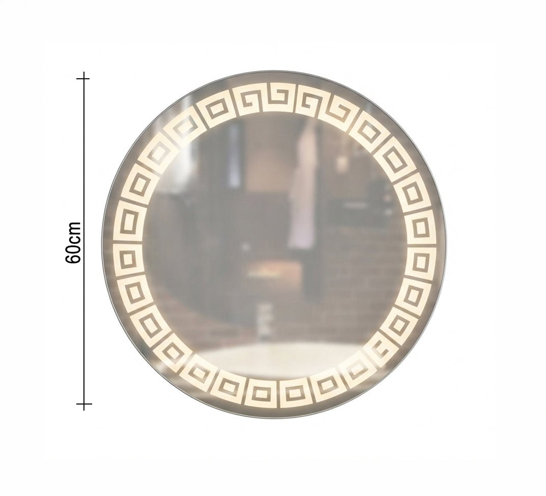 Round mirror with a Greek key pattern and warm lighting - Vitrine Furniture - Mirrors
