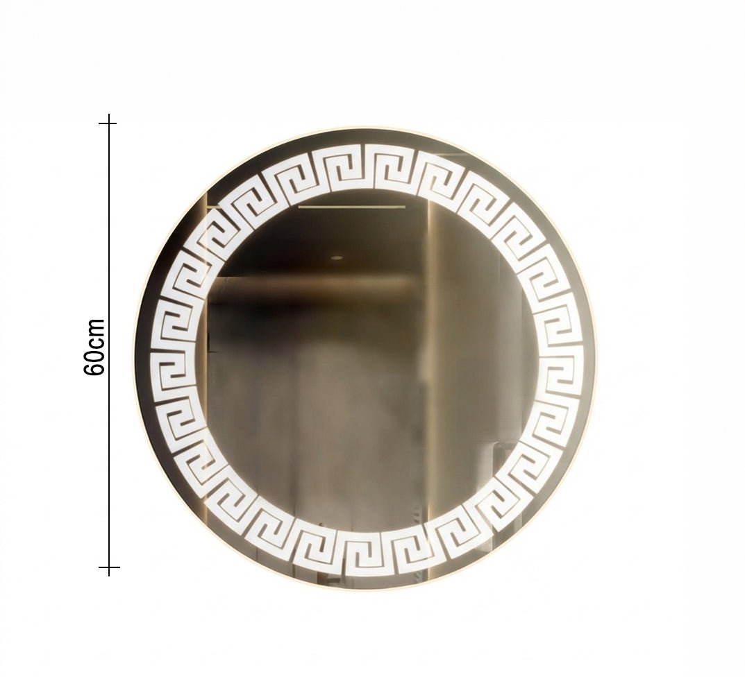 Round mirror with a Greek key pattern and white illumination - Vitrine Furniture - Mirrors