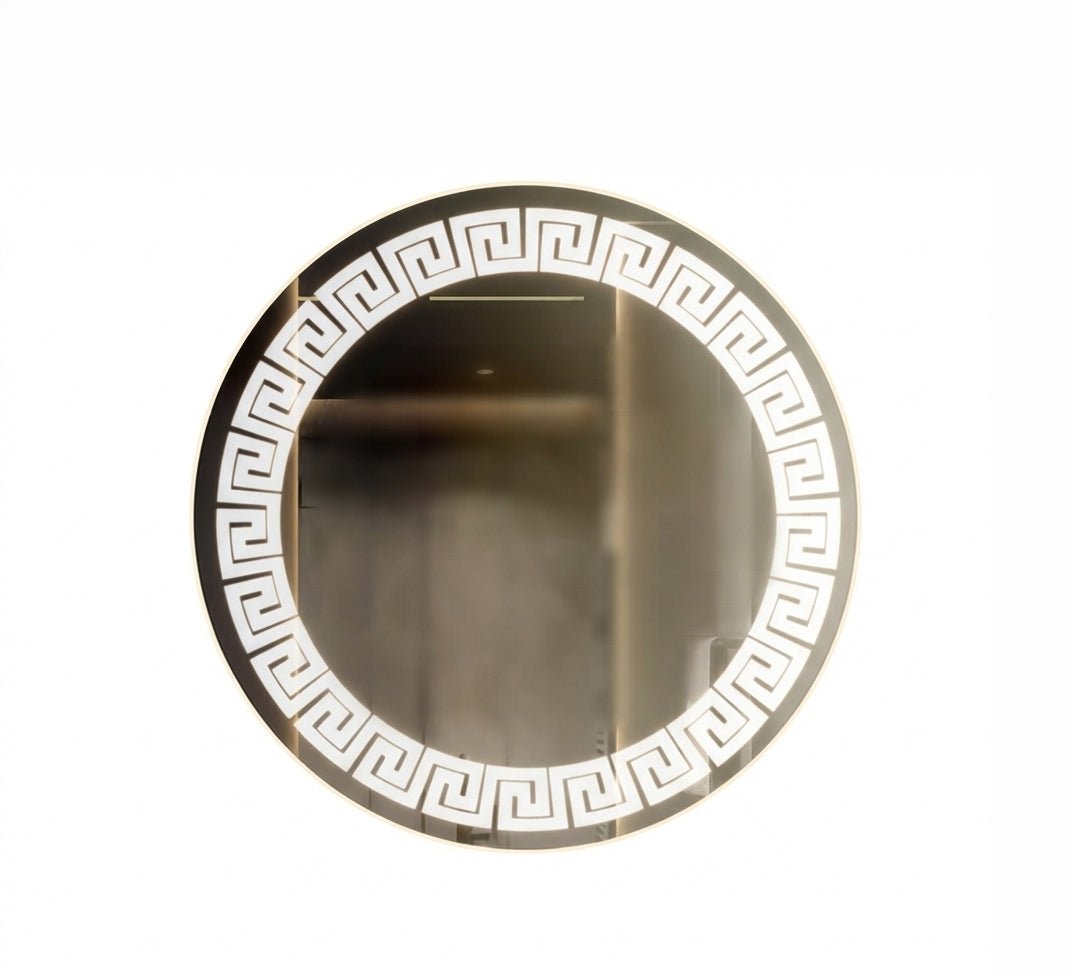 Round mirror with a Greek key pattern and white illumination - Vitrine Furniture - Mirrors
