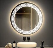Round mirror with a Greek key pattern and white illumination - Vitrine Furniture - Mirrors