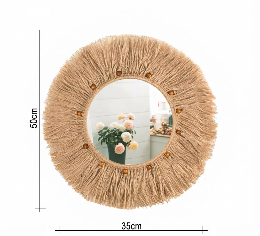 Round mirror with a raffia and bead frame - Vitrine Furniture - Mirrors
