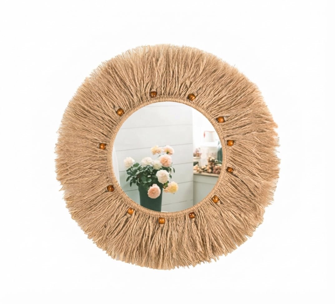 Round mirror with a raffia and bead frame - Vitrine Furniture - Mirrors