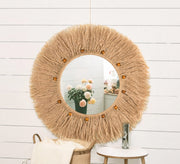 Round mirror with a raffia and bead frame - Vitrine Furniture - Mirrors