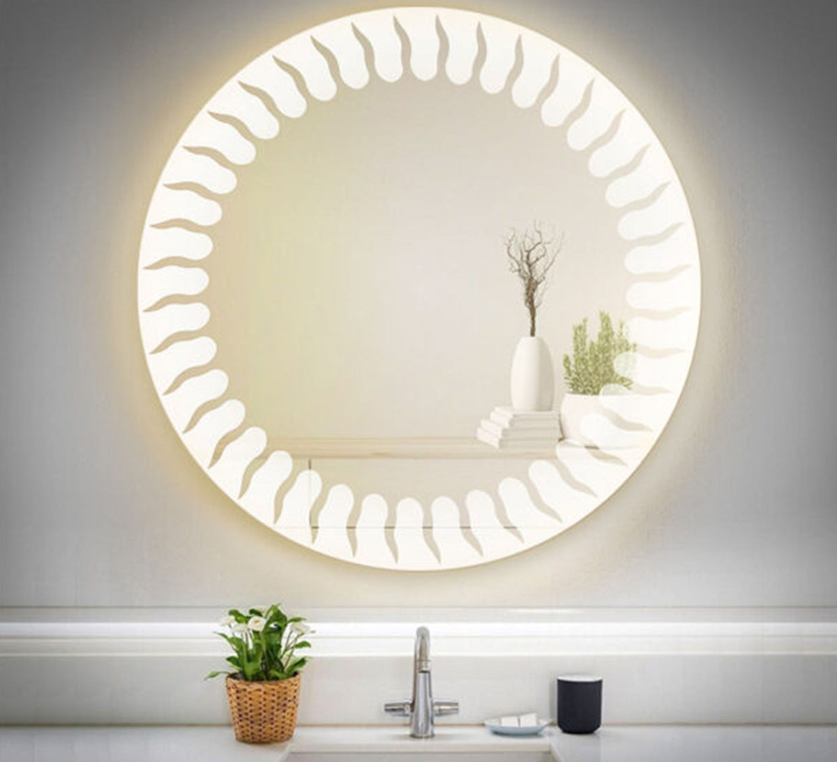 Round mirror with an illuminated wave pattern frame - Vitrine Furniture - Mirrors