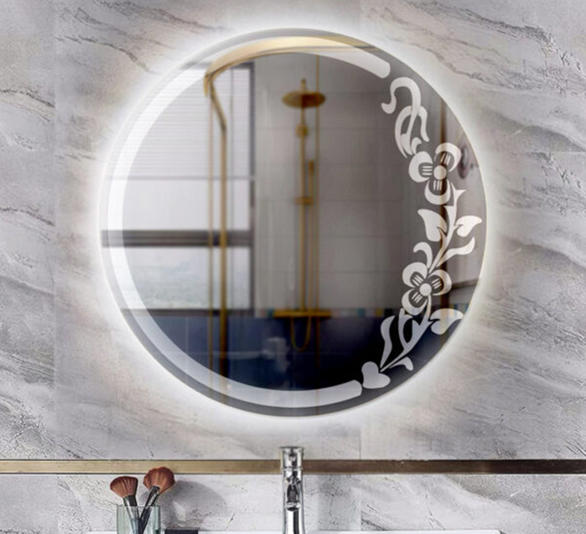 Round mirror with engraved floral pattern - Vitrine Furniture - Mirrors