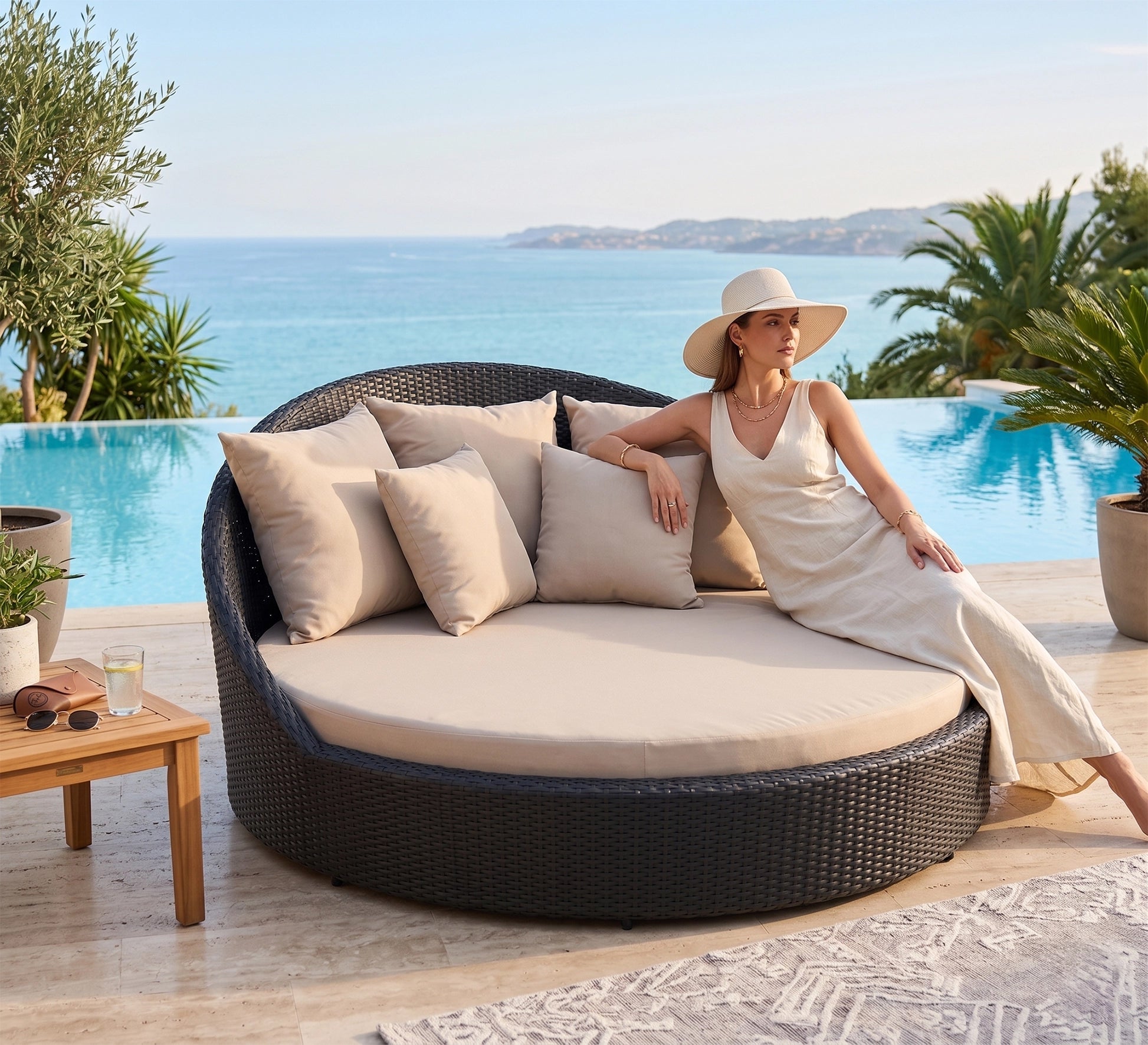 Round rattan sun bed with half high backrest - Vitrine Furniture - Outdoor Lounge Sets