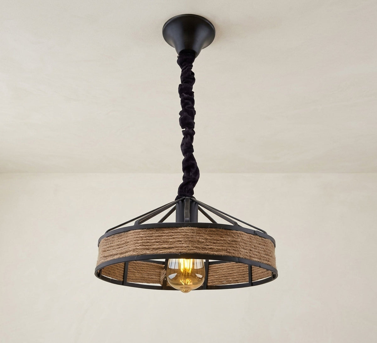 Round Rustic Metal and Rope Pendant - Vitrine Furniture - Ceiling lights