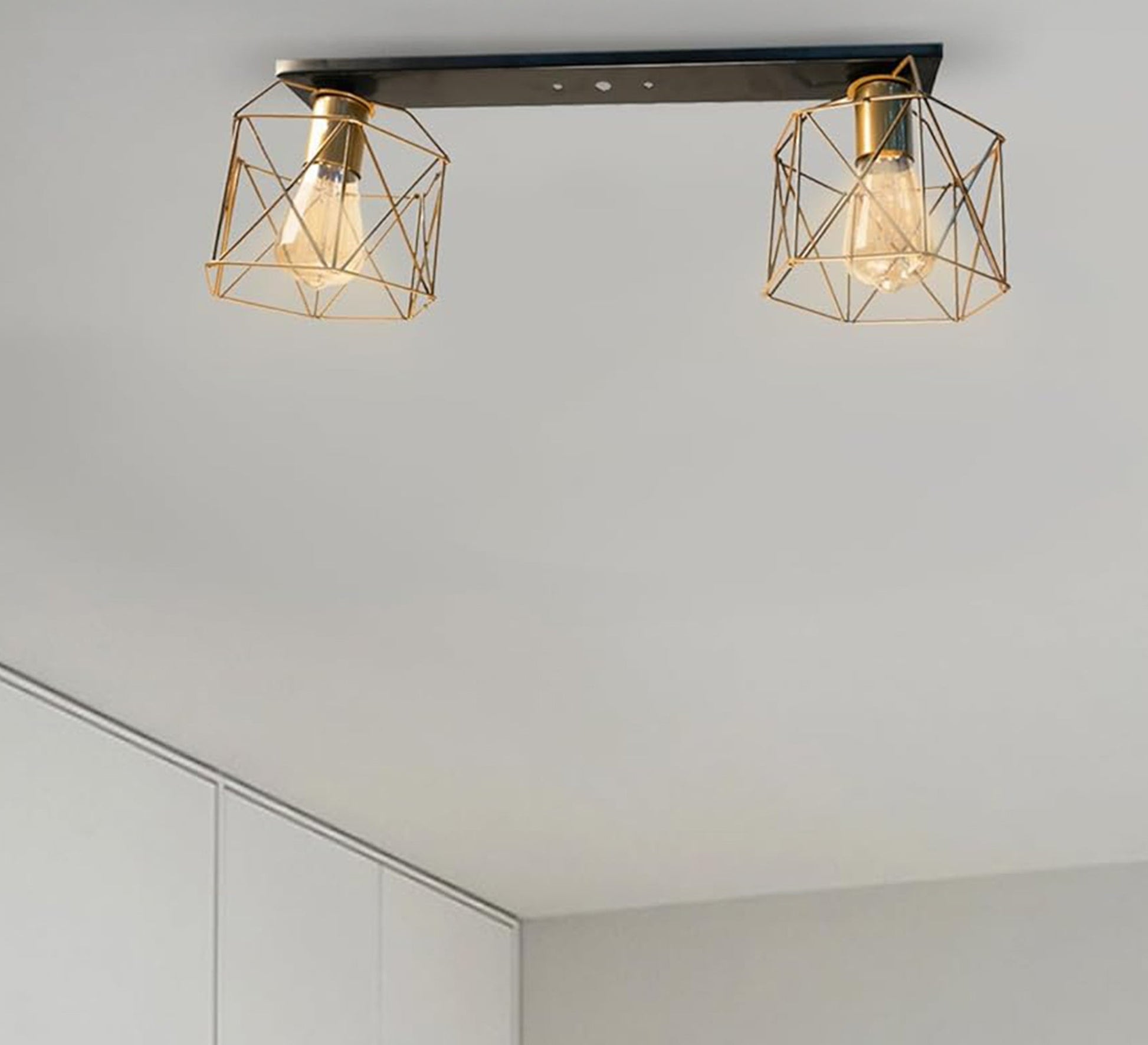 Row ceiling lamp with two hollow cage lampshades - Vitrine Furniture - Lighting