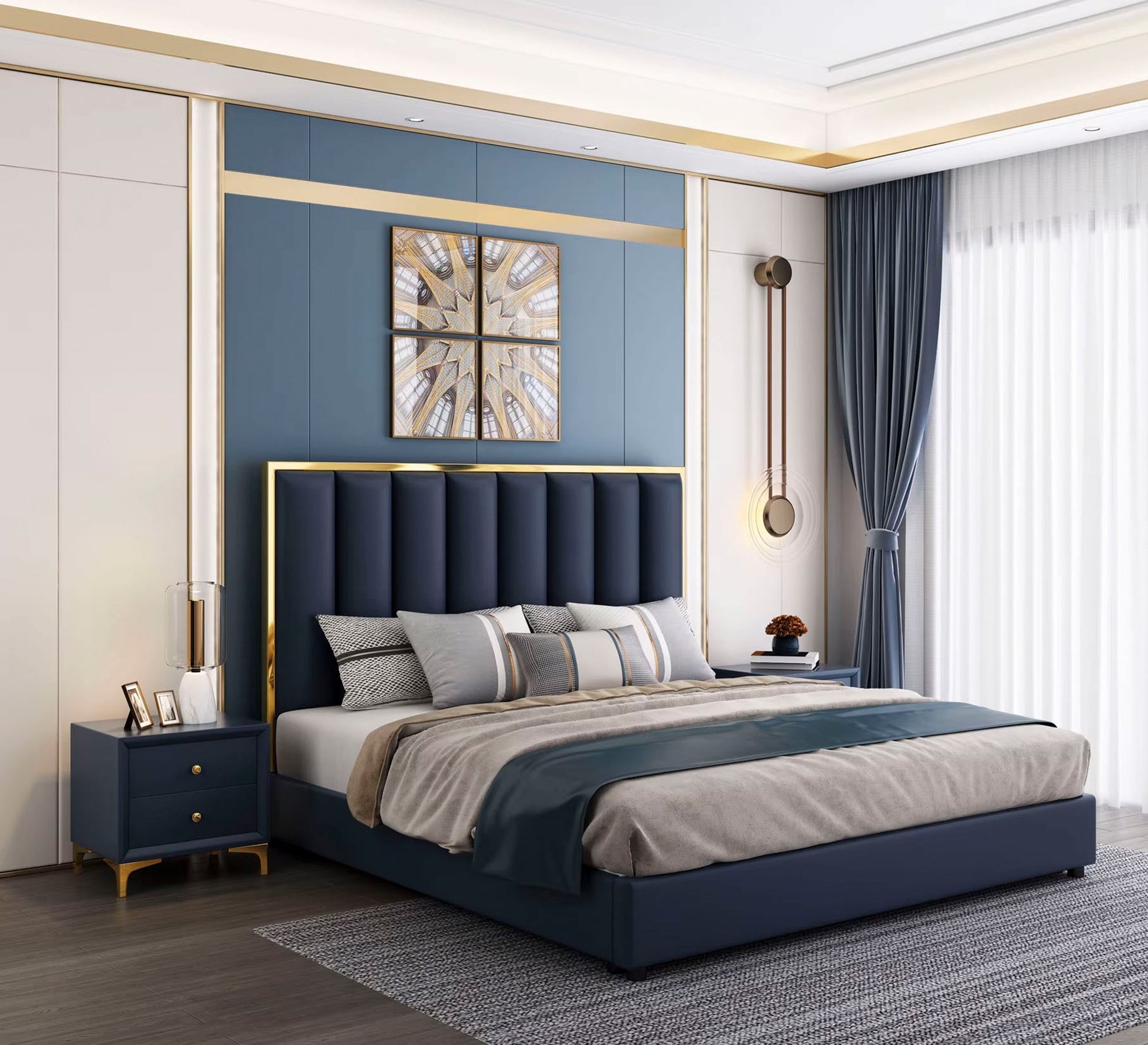 Royal blue bed with a gold headboard - Vitrine Furniture - Furniture