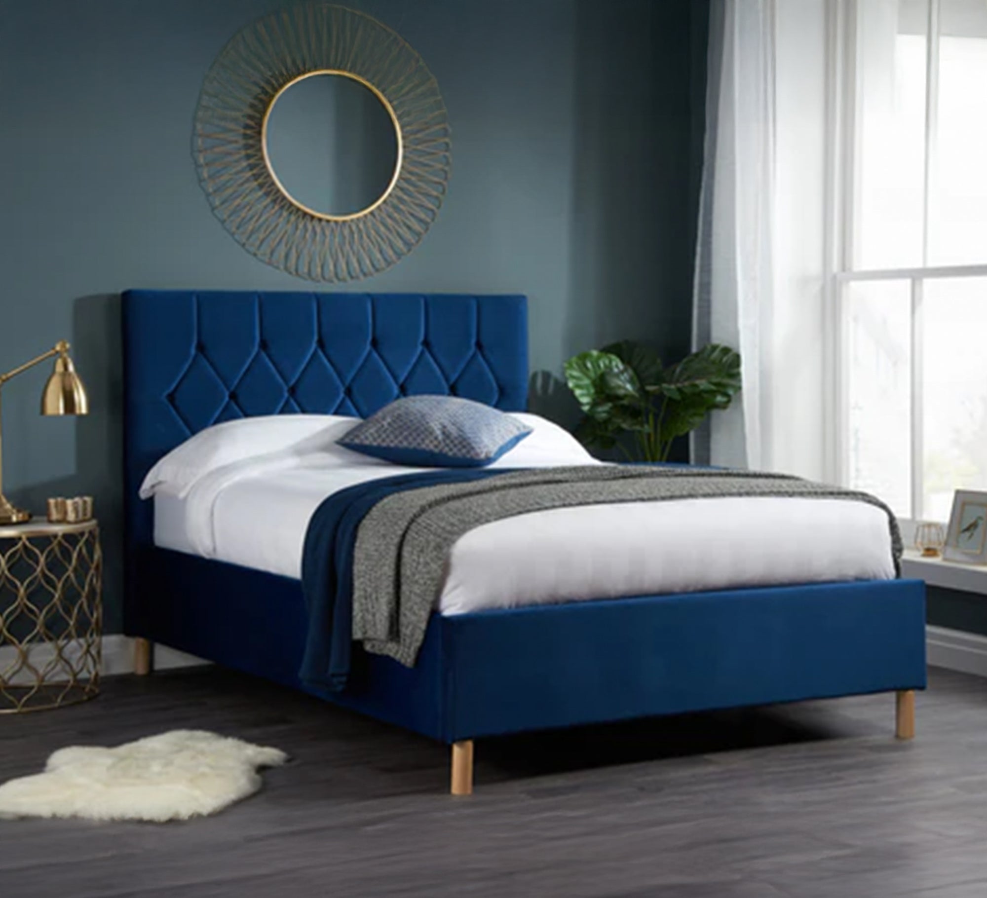 Royal blue bed with wooden legs - Vitrine Furniture - Furniture
