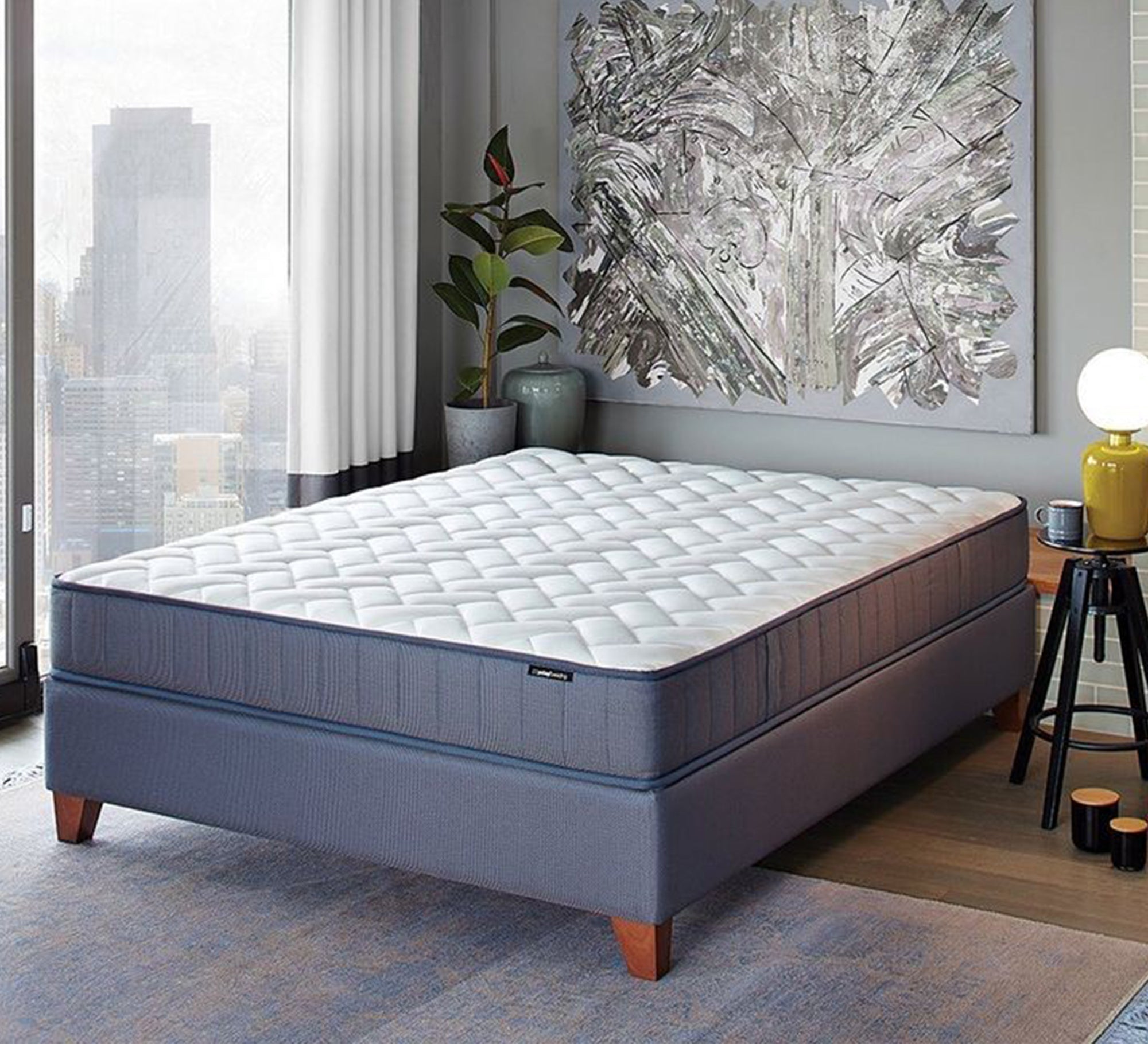 Royal dark blue bed with short wooden legs - Vitrine Furniture - Furniture