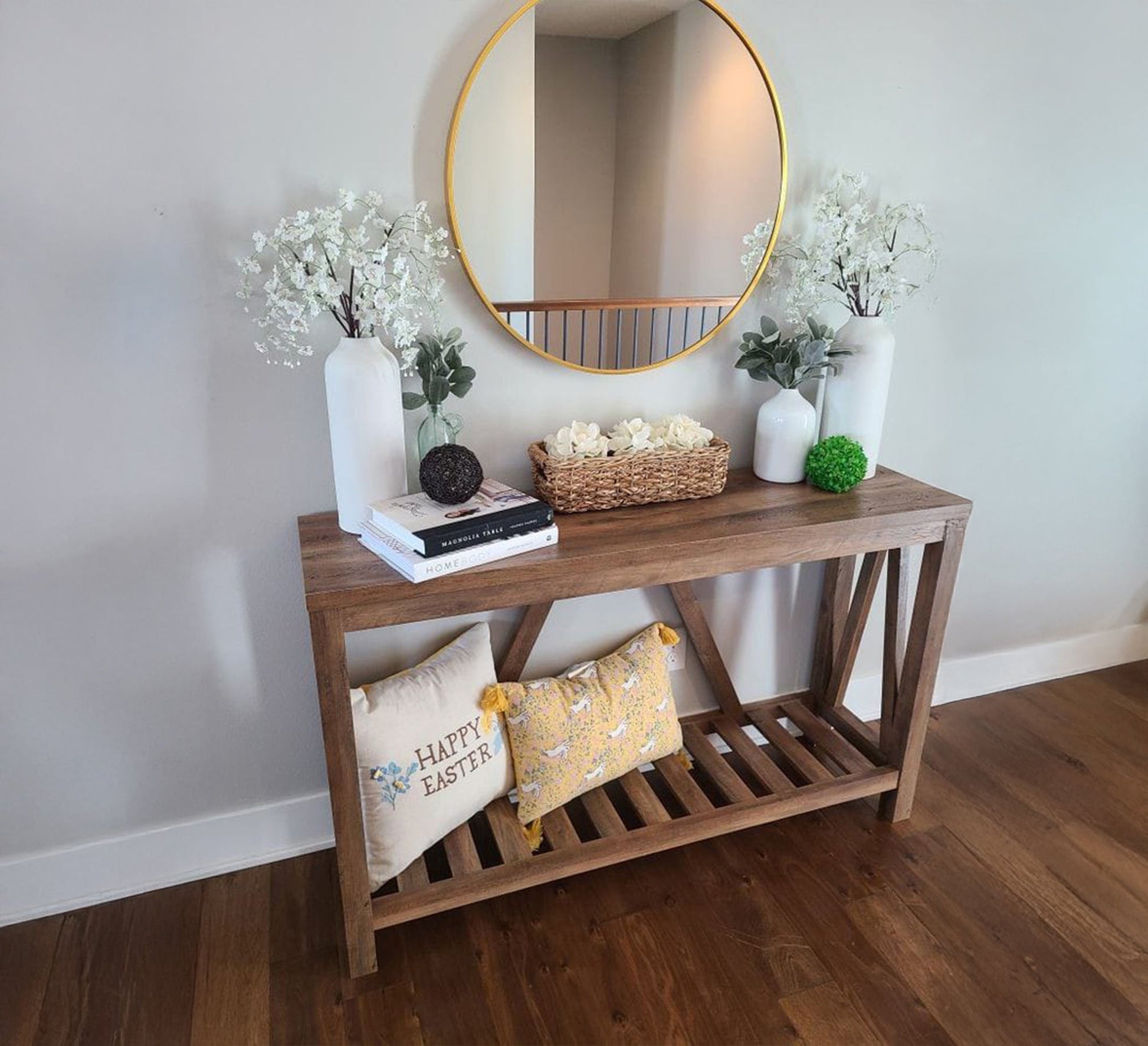 Rustic wooden console table elegantly decorated with a round mirror top - Vitrine Furniture - Furniture