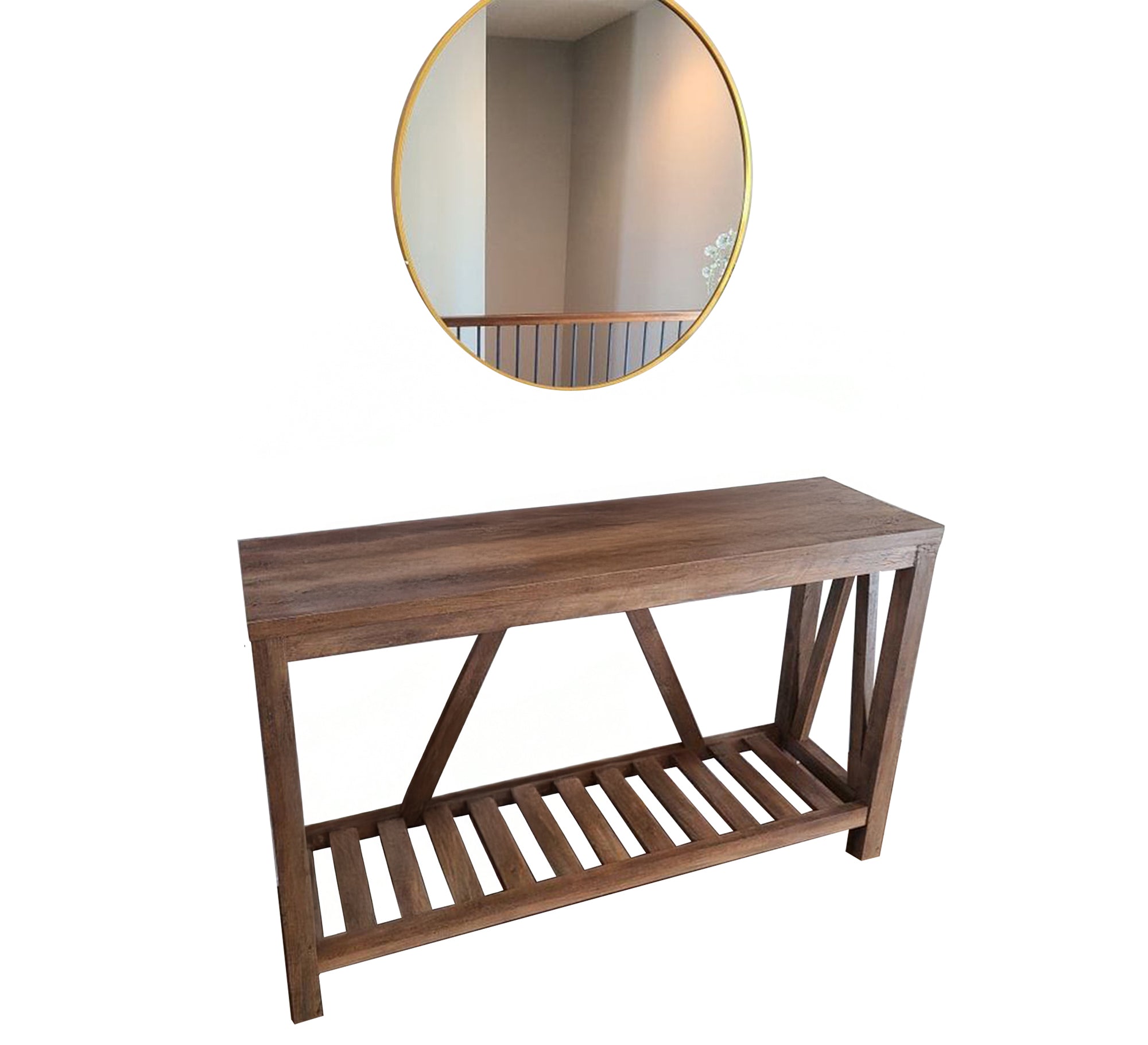 Rustic wooden console table elegantly decorated with a round mirror top - Vitrine Furniture - Furniture