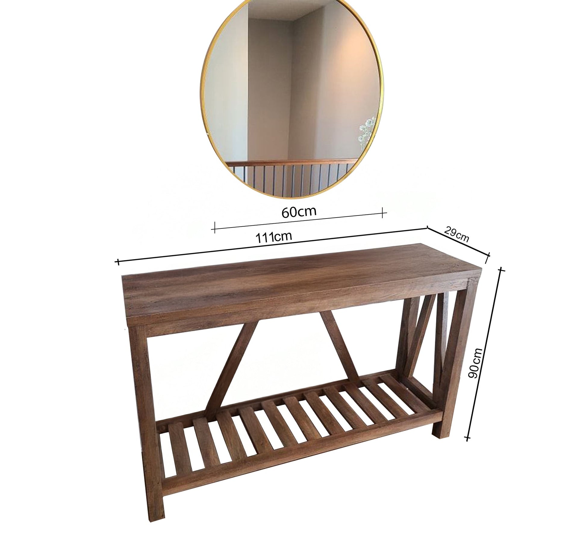 Rustic wooden console table elegantly decorated with a round mirror top - Vitrine Furniture - Furniture