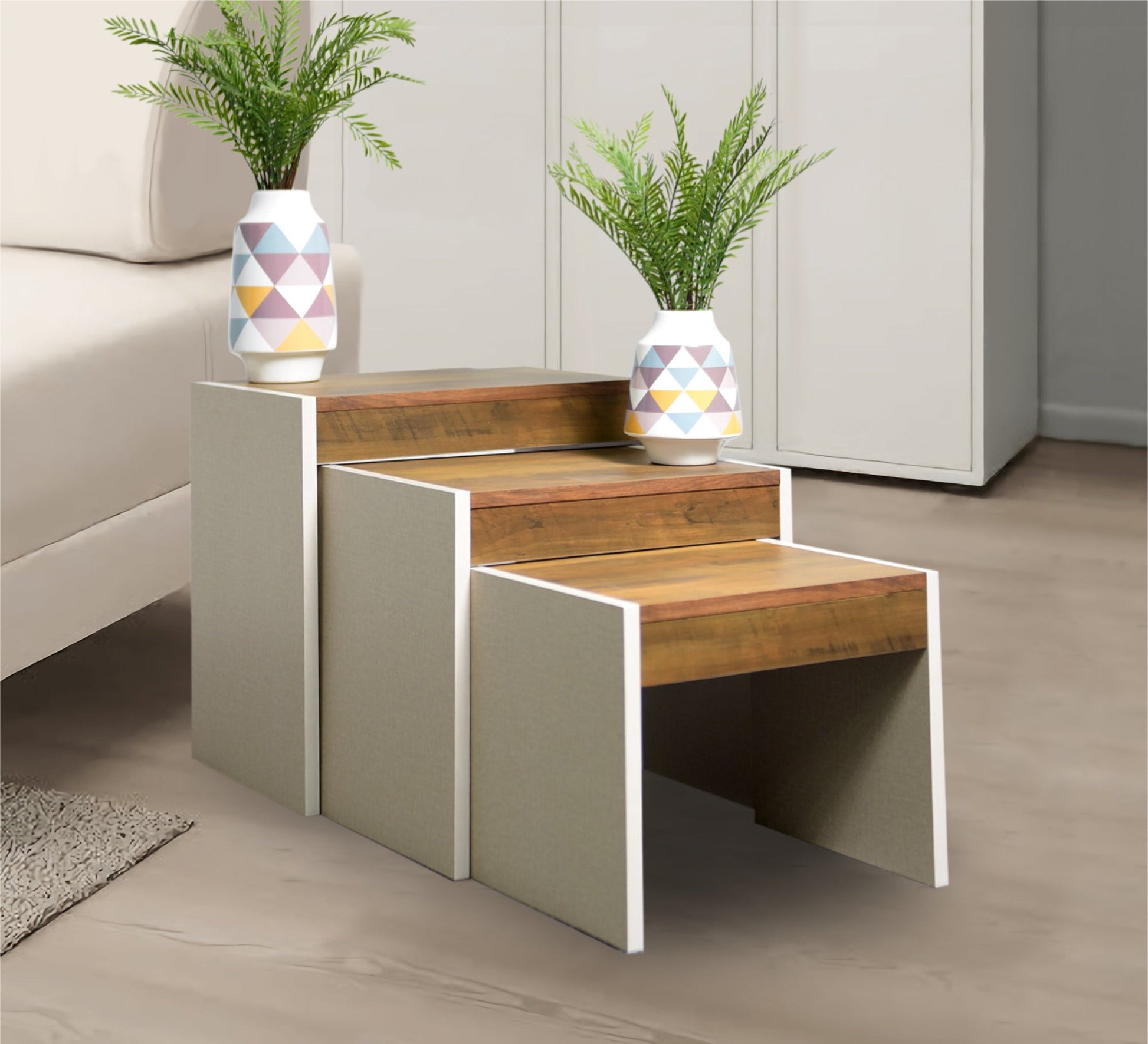 Set of 3 nested tables in beige and white - Vitrine Furniture - Furniture