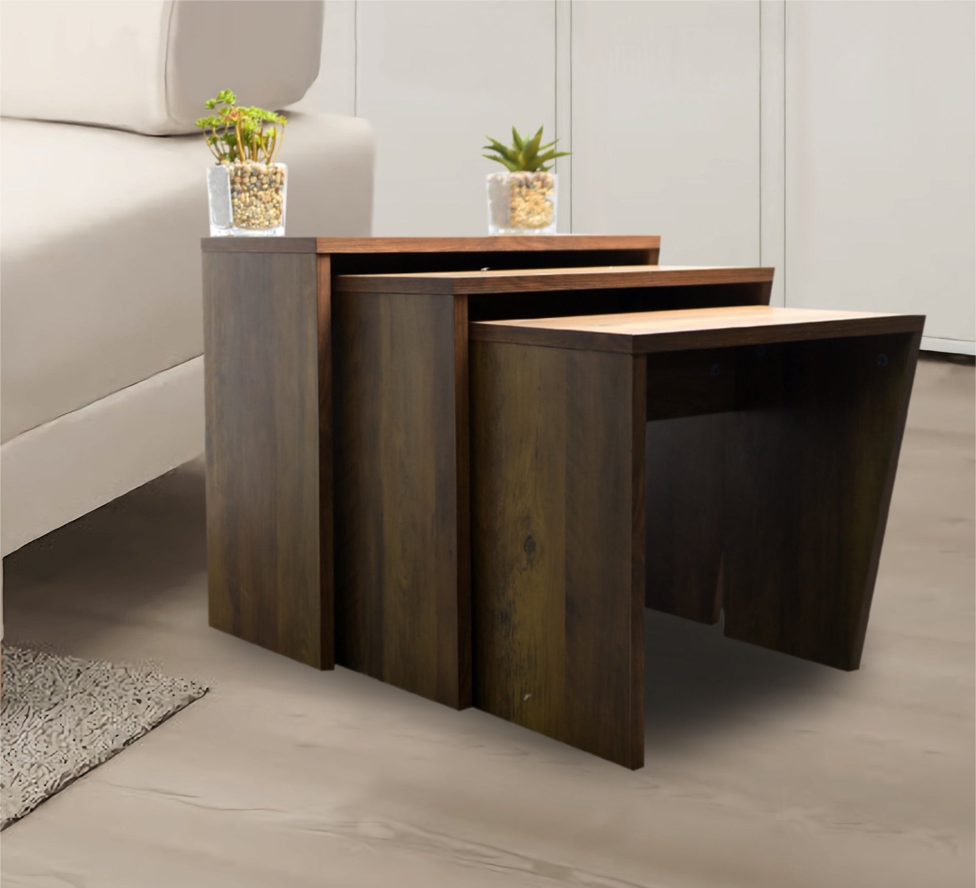 Set of 3 Nesting Tables, Brown Wood - Vitrine Furniture - Furniture