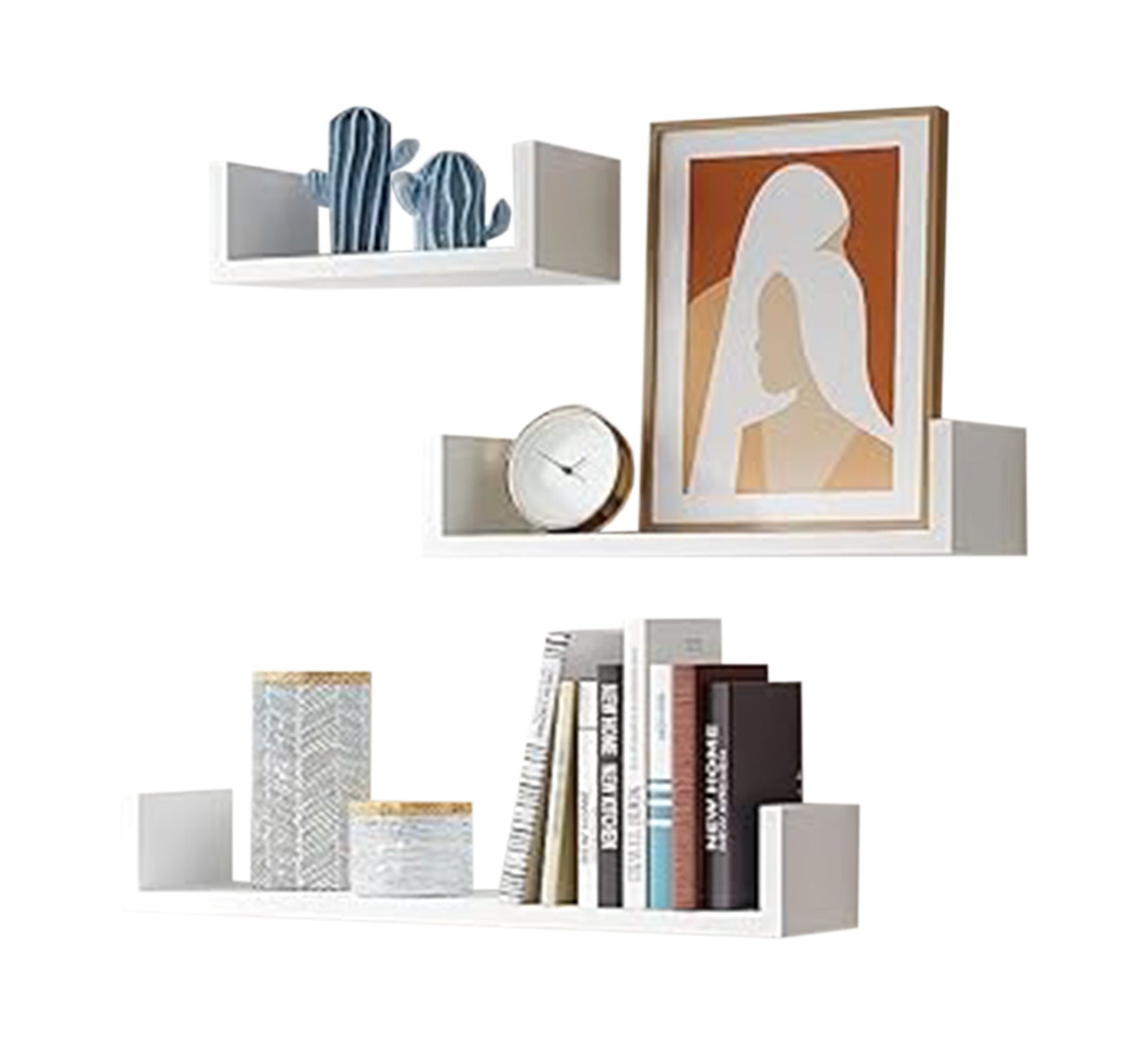 Set of 3 White Wooden Wall - Mounted Shelves - Vitrine Furniture - Décor