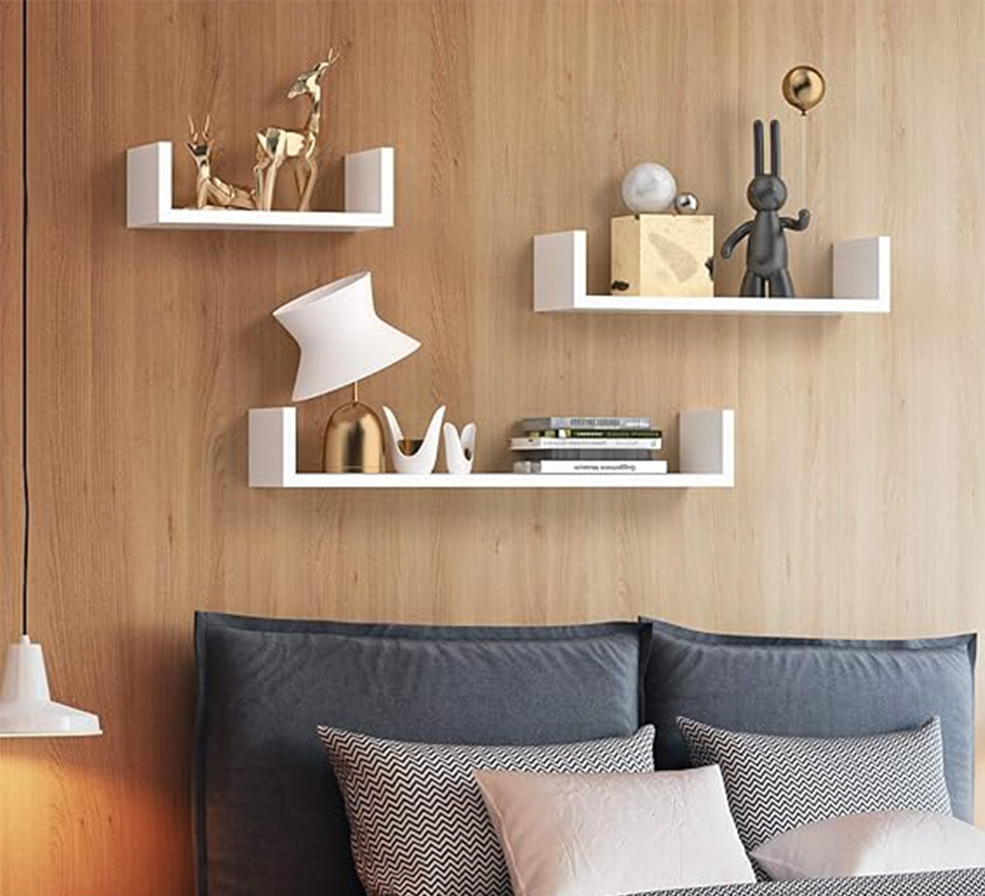 Set of 3 White Wooden Wall - Mounted Shelves - Vitrine Furniture - Décor