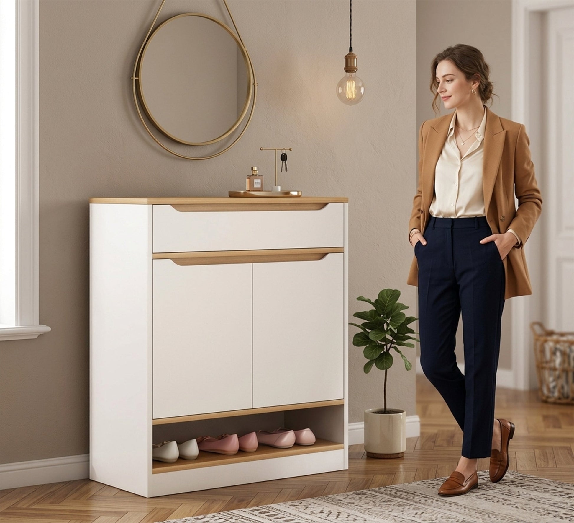 Shoe Rack: 2 Doors, Lower Shelf, and Drawer - Vitrine Furniture - Shoe Racks