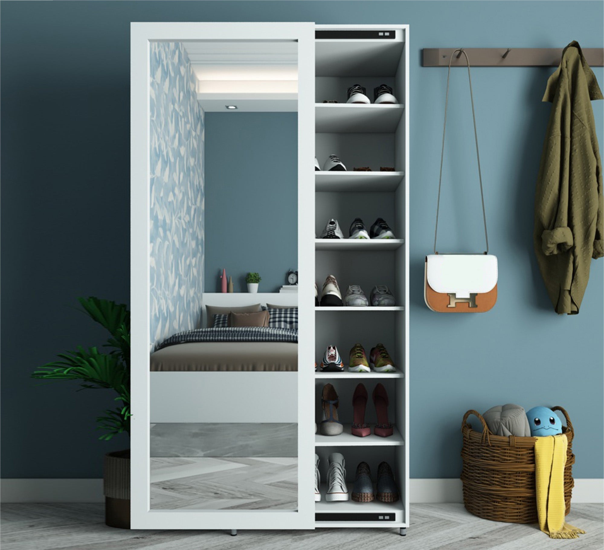 Shoe rack with a longitudinal mirror - Vitrine Furniture - Shoe Racks
