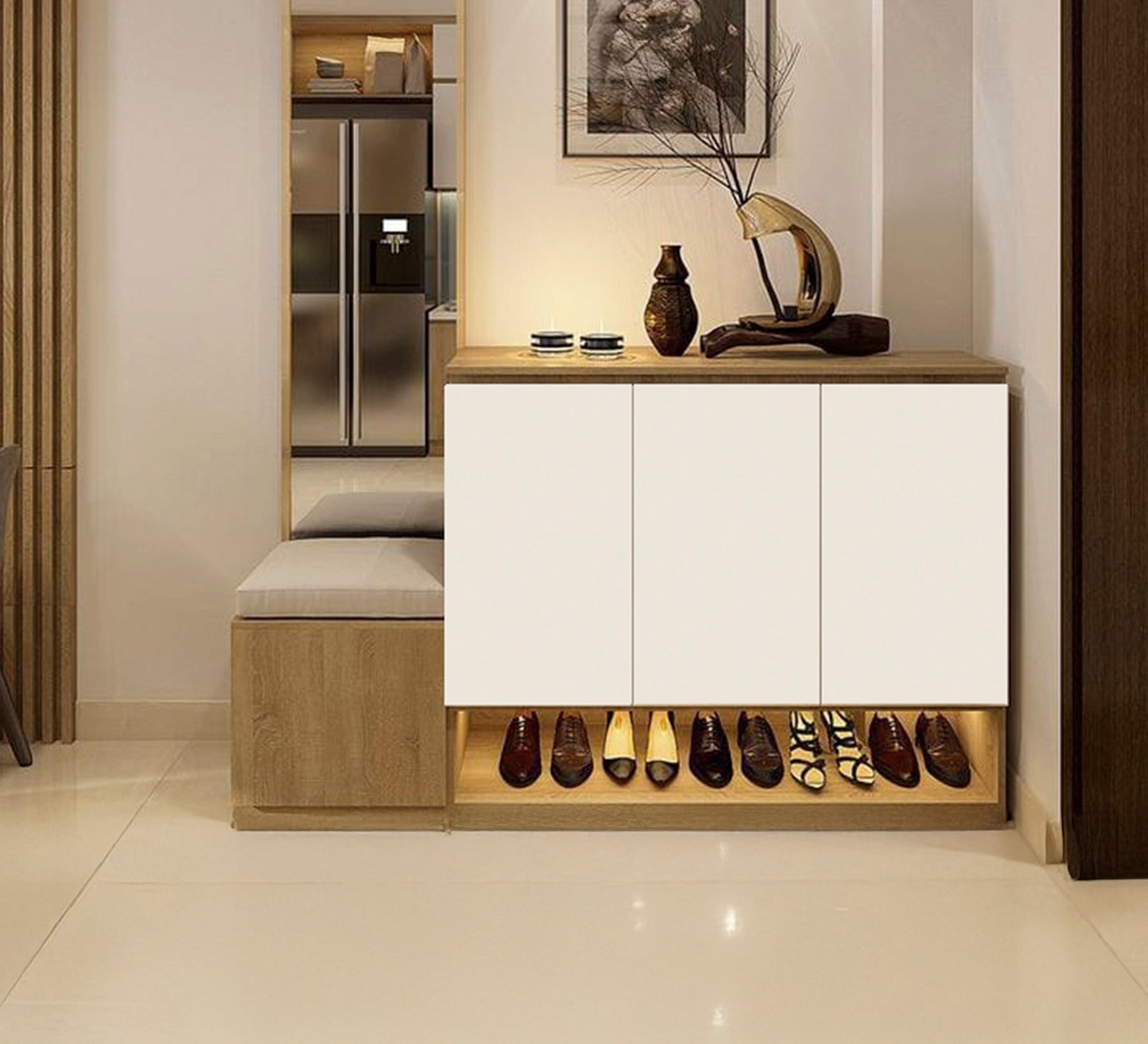 Shoe rack with bench, mirror, and interior lighting - Vitrine Furniture - Shoe Racks